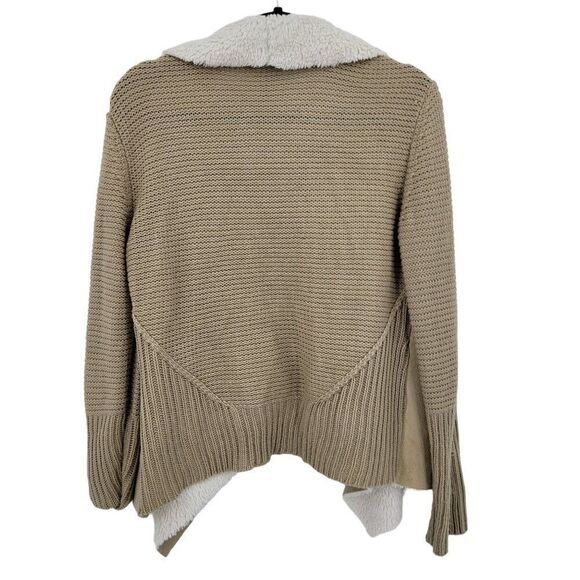 Boho Cardigan M Tan Sherpa Faux Suede Open Waterfall Large Collar Country Vegan - Picture 2 of 9